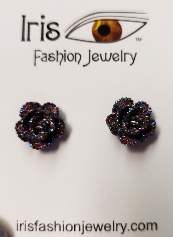 FS374 Iridescent Rose Rhinestone Decorated Earrings