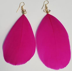 E948 Large Hot Pink Feather with Rhinestone Earrings