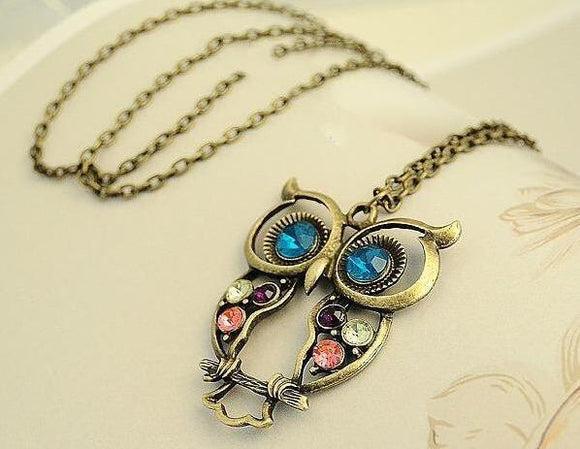 EC34 Gold Owl & Gemstone Necklace with Free Earrings