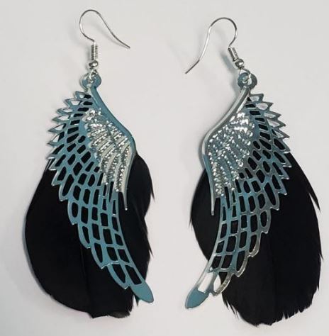 E1299 Large Silver Wing with Black Feather Earrings